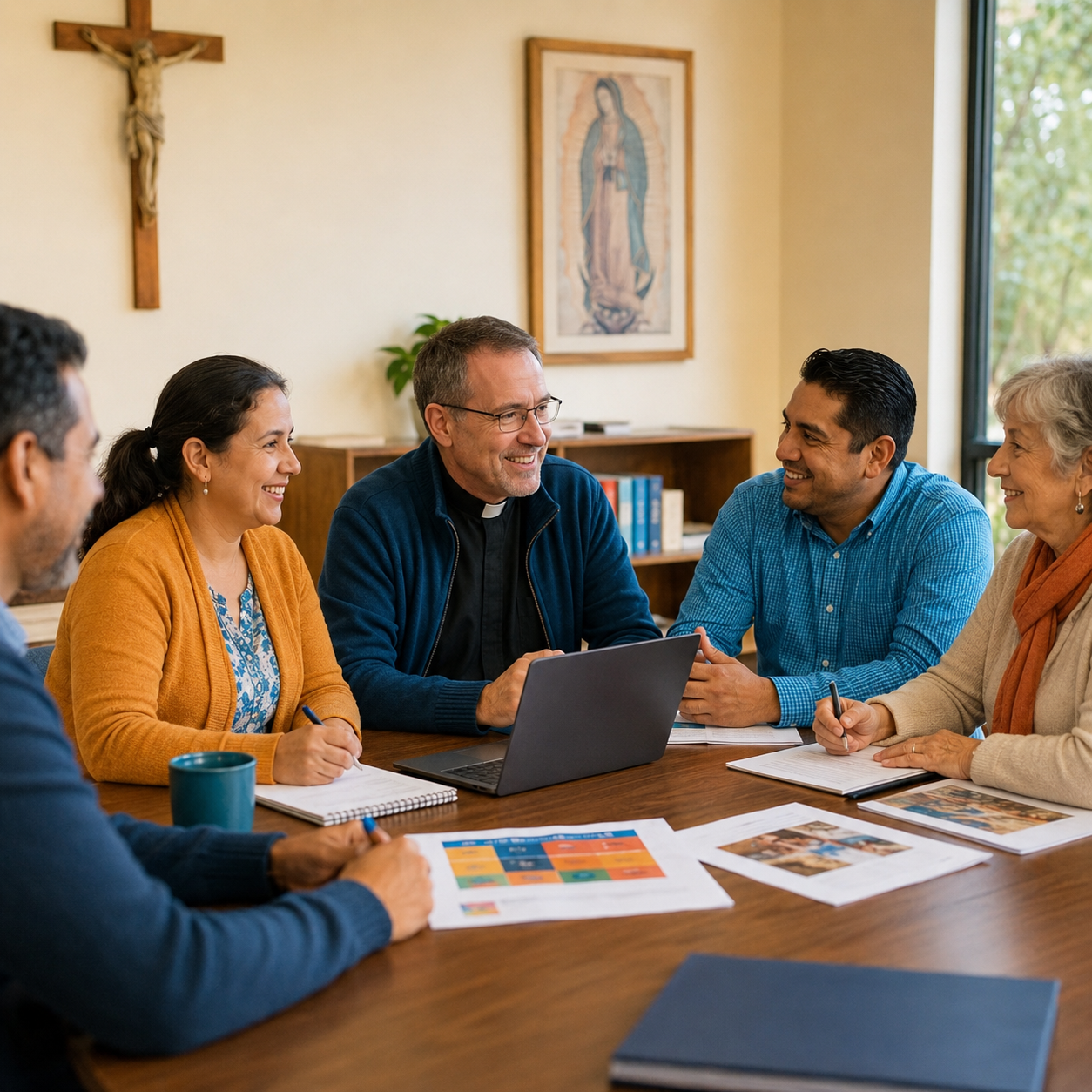 Anglo and Hispanic Catholic leaders collaborating on a parish ministry project