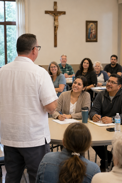Deacon Chris Gutiérrez leading an intercultural formation workshop with Anglo and Hispanic parishioners